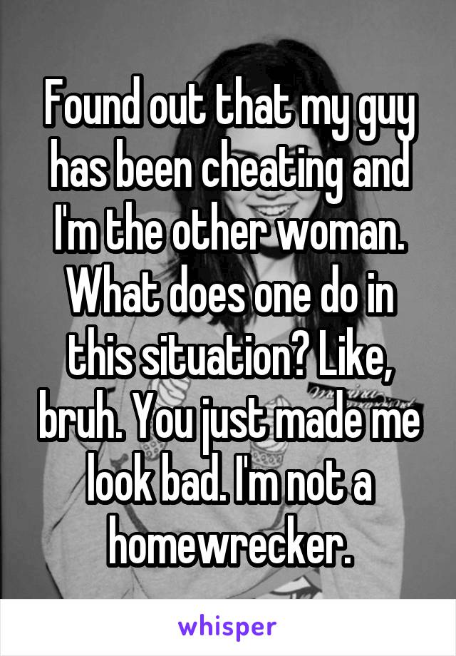 Found out that my guy has been cheating and I'm the other woman. What does one do in this situation? Like, bruh. You just made me look bad. I'm not a homewrecker.