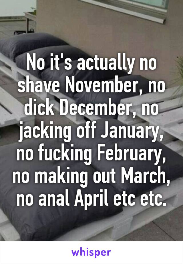 No it's actually no shave November, no dick December, no jacking off January, no fucking February, no making out March, no anal April etc etc.