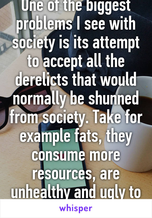 One of the biggest problems I see with society is its attempt to accept all the derelicts that would normally be shunned from society. Take for example fats, they consume more resources, are unhealthy and ugly to look at. 