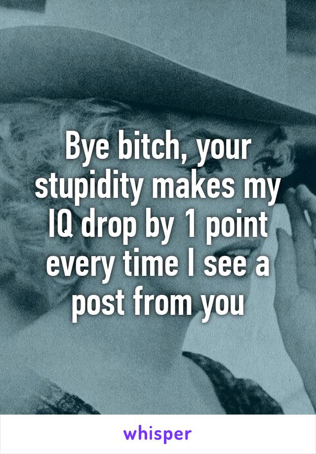 Bye bitch, your stupidity makes my IQ drop by 1 point every time I see a post from you