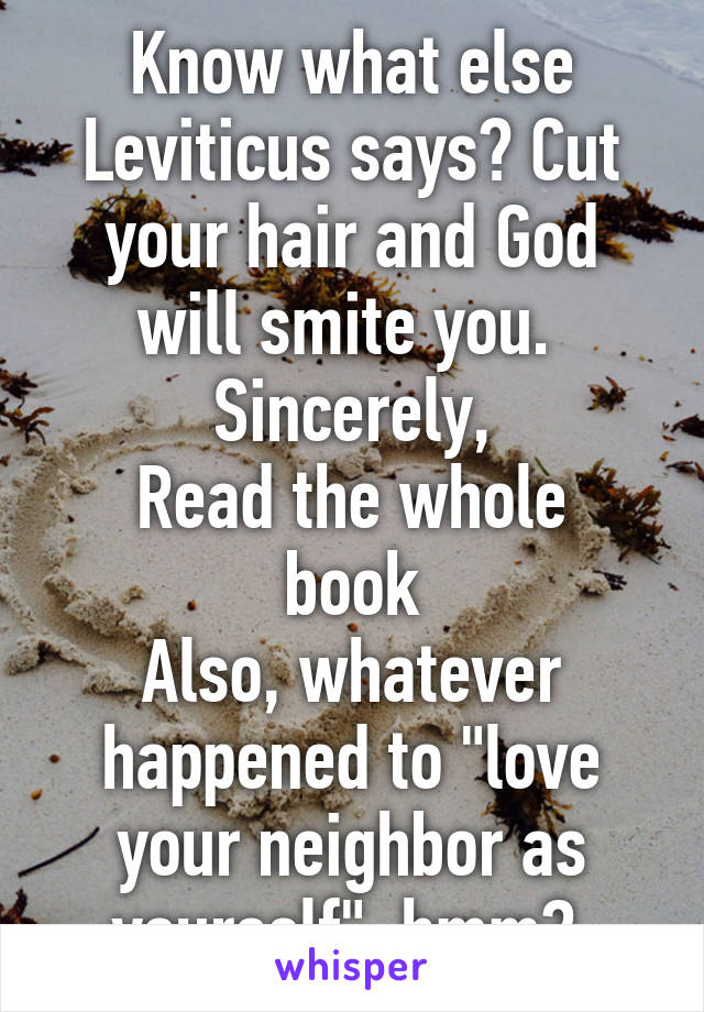 Know what else Leviticus says? Cut your hair and God will smite you. 
Sincerely,
Read the whole book
Also, whatever happened to "love your neighbor as yourself", hmm? 