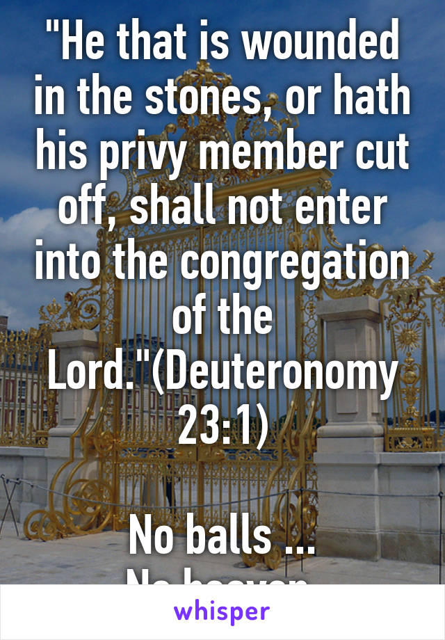 "He that is wounded in the stones, or hath his privy member cut off, shall not enter into the congregation of the Lord."(Deuteronomy 23:1)

No balls ...
No heaven.