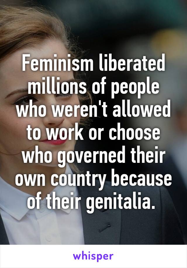 Feminism liberated millions of people who weren't allowed to work or choose who governed their own country because of their genitalia. 