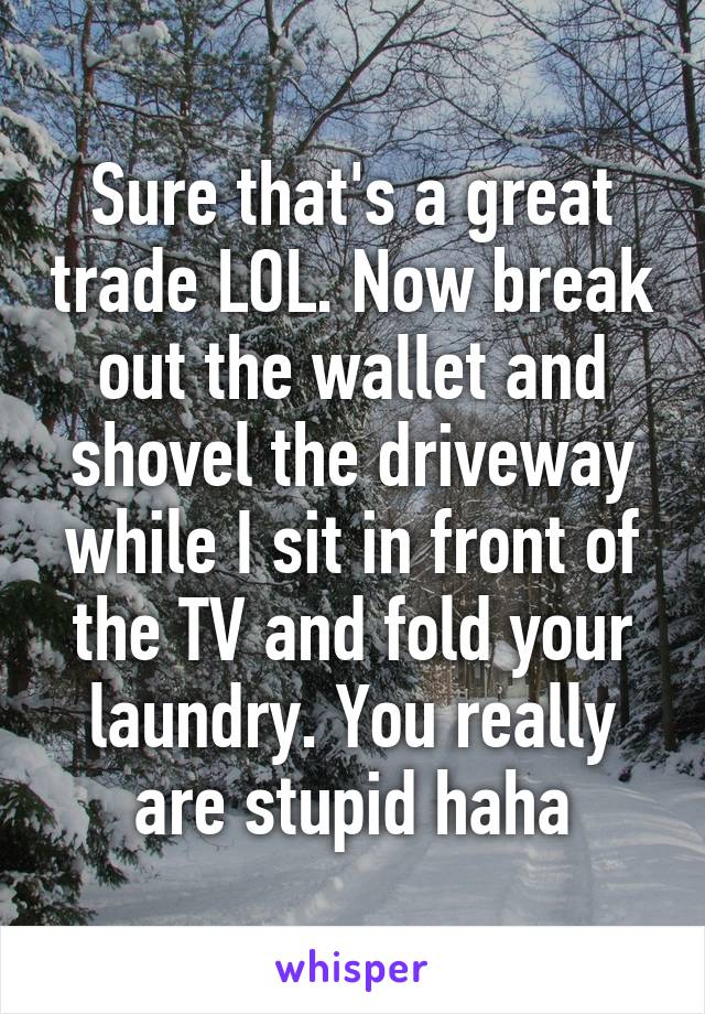 Sure that's a great trade LOL. Now break out the wallet and shovel the driveway while I sit in front of the TV and fold your laundry. You really are stupid haha