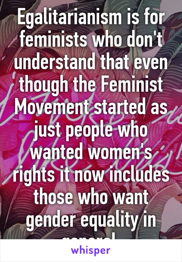 Egalitarianism is for feminists who don't understand that even though the Feminist Movement started as just people who wanted women's rights it now includes those who want gender equality in general.