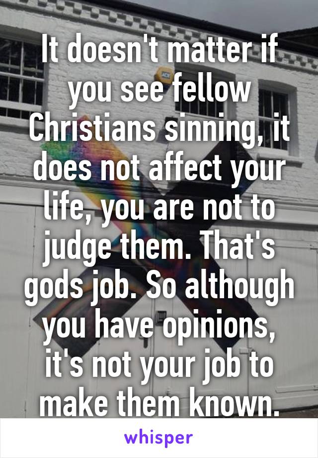 It doesn't matter if you see fellow Christians sinning, it does not affect your life, you are not to judge them. That's gods job. So although you have opinions, it's not your job to make them known.