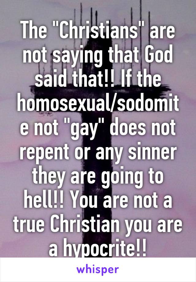 The "Christians" are not saying that God said that!! If the homosexual/sodomite not "gay" does not repent or any sinner they are going to hell!! You are not a true Christian you are a hypocrite!!