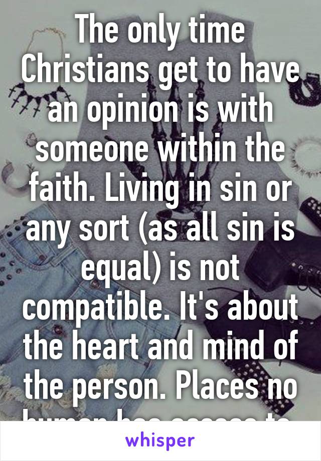 The only time Christians get to have an opinion is with someone within the faith. Living in sin or any sort (as all sin is equal) is not compatible. It's about the heart and mind of the person. Places no human has access to.