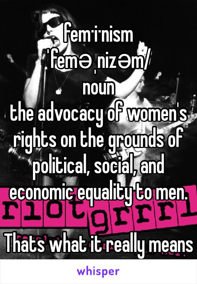 fem·i·nism
ˈfeməˌnizəm/
noun
the advocacy of women's rights on the grounds of political, social, and economic equality to men.

Thats what it really means