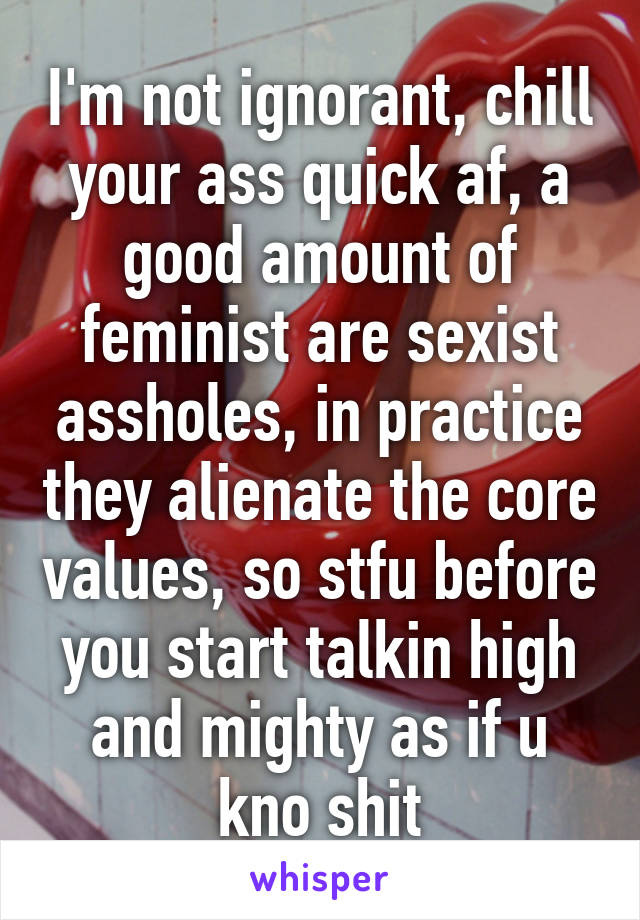 I'm not ignorant, chill your ass quick af, a good amount of feminist are sexist assholes, in practice they alienate the core values, so stfu before you start talkin high and mighty as if u kno shit