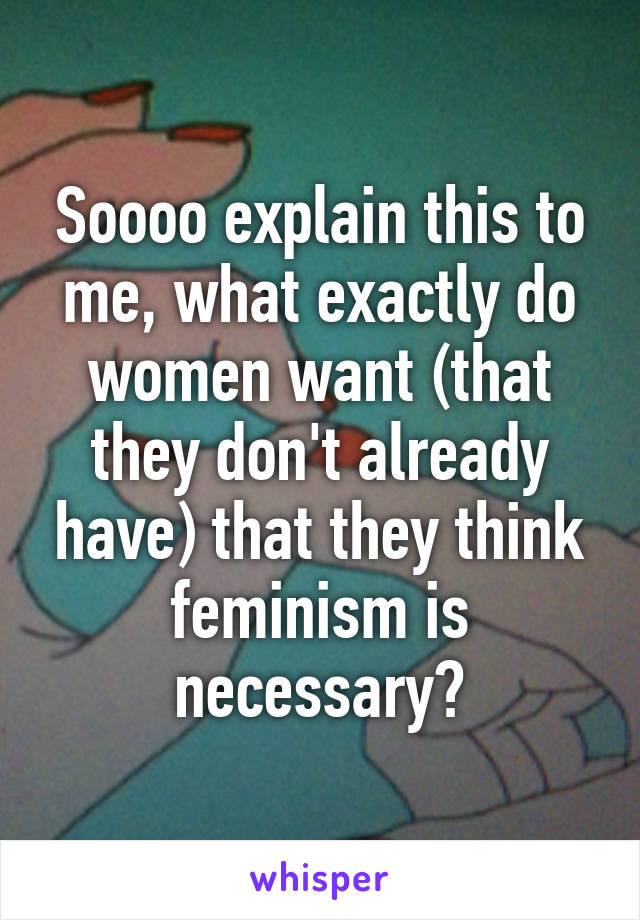 Soooo explain this to me, what exactly do women want (that they don't already have) that they think feminism is necessary?