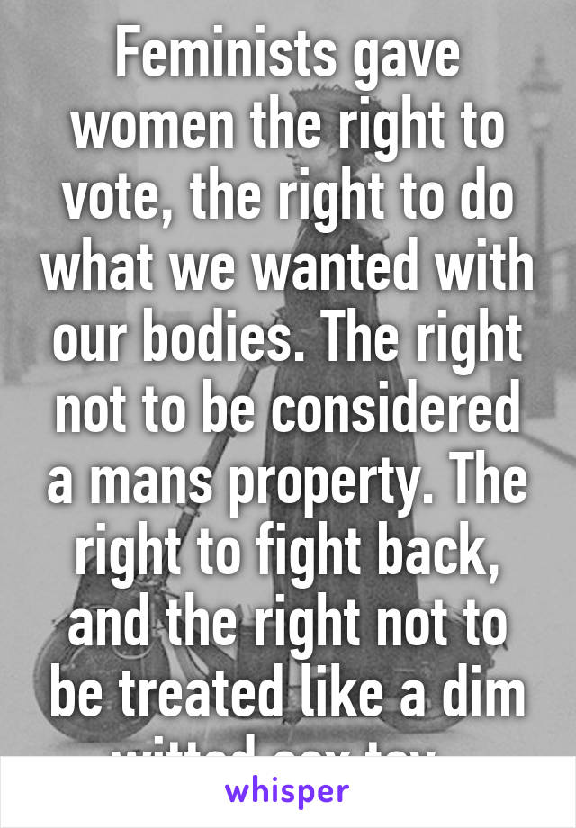 Feminists gave women the right to vote, the right to do what we wanted with our bodies. The right not to be considered a mans property. The right to fight back, and the right not to be treated like a dim witted sex toy. 