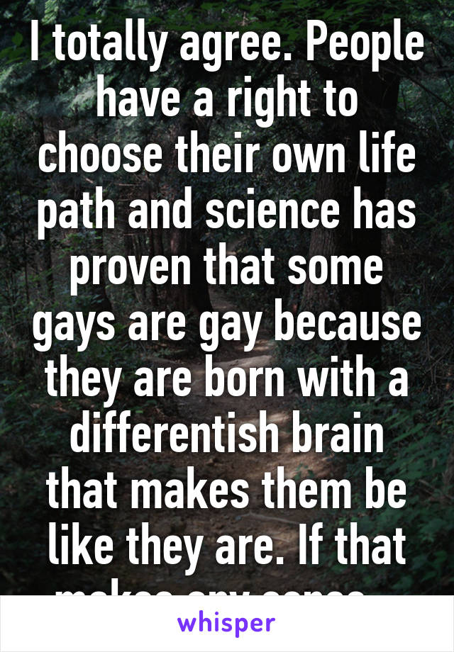 I totally agree. People have a right to choose their own life path and science has proven that some gays are gay because they are born with a differentish brain that makes them be like they are. If that makes any sense...