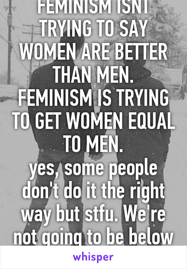 FEMINISM ISNT TRYING TO SAY WOMEN ARE BETTER THAN MEN.
FEMINISM IS TRYING TO GET WOMEN EQUAL TO MEN.
yes, some people don't do it the right way but stfu. We're not going to be below you forever. Ffs. 