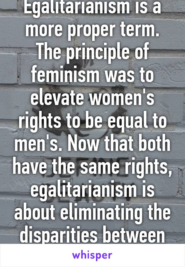 Egalitarianism is a more proper term. The principle of feminism was to elevate women's rights to be equal to men's. Now that both have the same rights, egalitarianism is about eliminating the disparities between the sexes