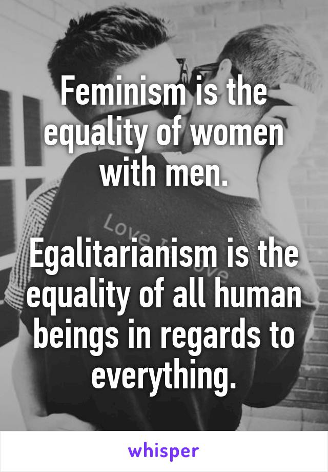 Feminism is the equality of women with men.

Egalitarianism is the equality of all human beings in regards to everything.