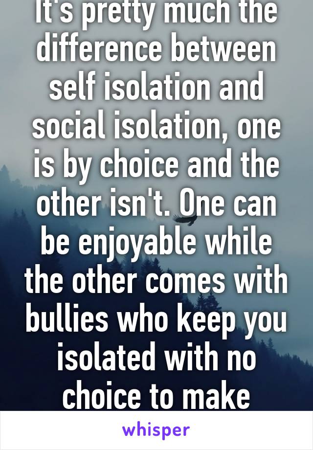It's pretty much the difference between self isolation and social isolation, one is by choice and the other isn't. One can be enjoyable while the other comes with bullies who keep you isolated with no choice to make friends.