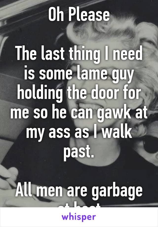 Oh Please

The last thing I need is some lame guy holding the door for me so he can gawk at my ass as I walk past.

All men are garbage at best