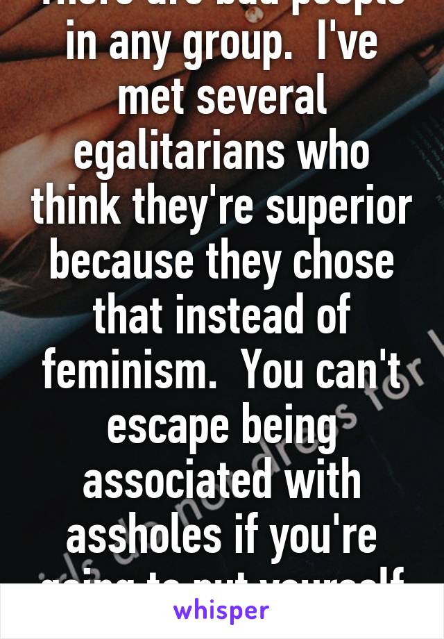 There are bad people in any group.  I've met several egalitarians who think they're superior because they chose that instead of feminism.  You can't escape being associated with assholes if you're going to put yourself in any group.