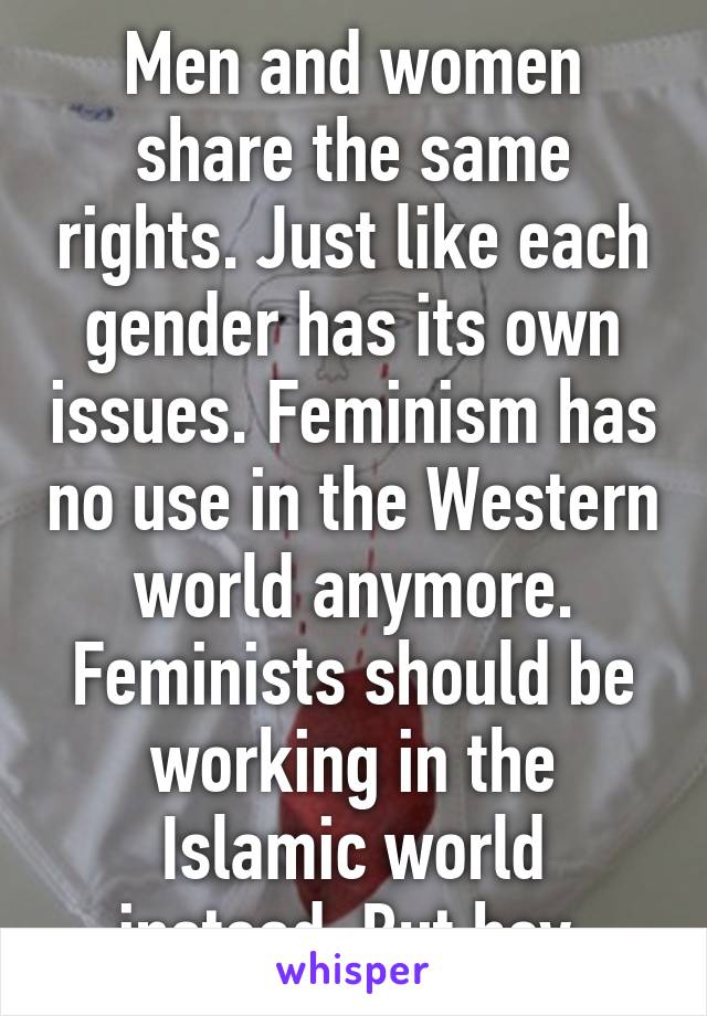 Men and women share the same rights. Just like each gender has its own issues. Feminism has no use in the Western world anymore. Feminists should be working in the Islamic world instead. But hey.