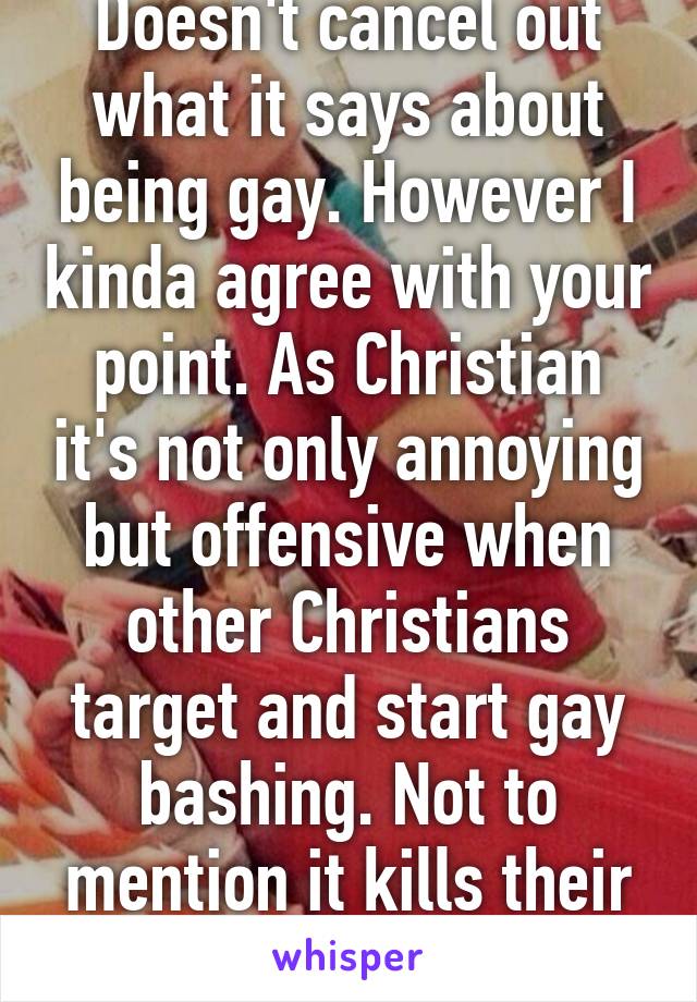 Doesn't cancel out what it says about being gay. However I kinda agree with your point. As Christian it's not only annoying but offensive when other Christians target and start gay bashing. Not to mention it kills their witness. 