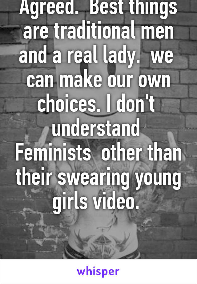 Agreed.  Best things are traditional men and a real lady.  we  can make our own choices. I don't  understand  Feminists  other than their swearing young girls video. 


