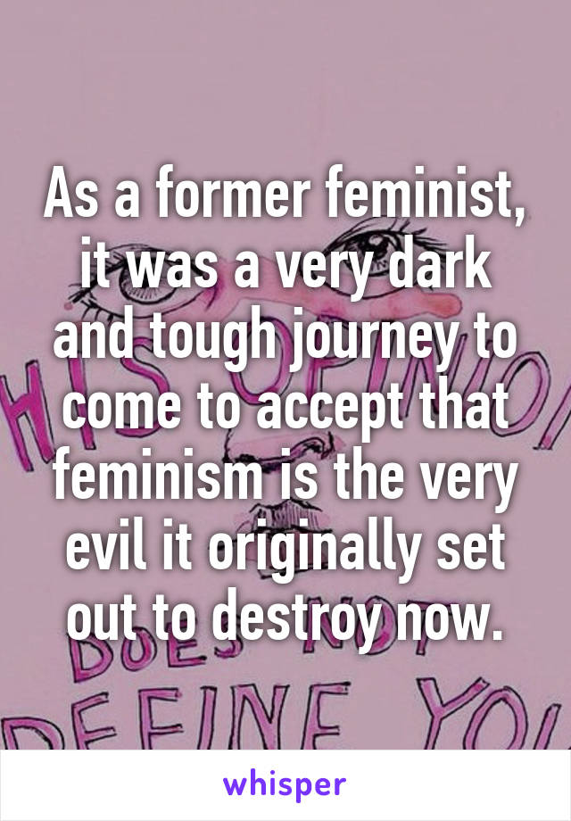 As a former feminist, it was a very dark and tough journey to come to accept that feminism is the very evil it originally set out to destroy now.