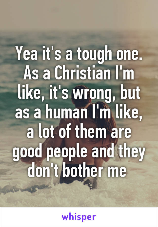 Yea it's a tough one. As a Christian I'm like, it's wrong, but as a human I'm like, a lot of them are good people and they don't bother me 