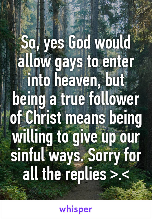 So, yes God would allow gays to enter into heaven, but being a true follower of Christ means being willing to give up our sinful ways. Sorry for all the replies >.<