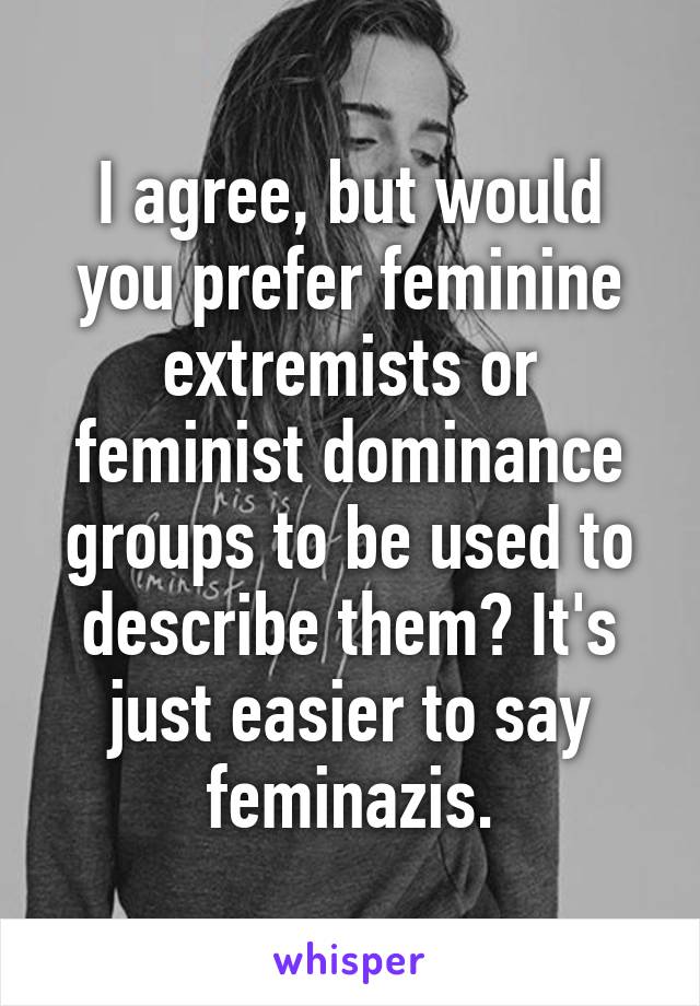 I agree, but would you prefer feminine extremists or feminist dominance groups to be used to describe them? It's just easier to say feminazis.