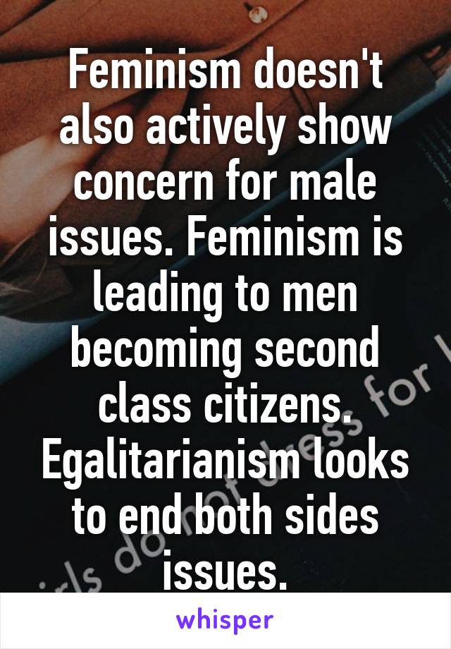 Feminism doesn't also actively show concern for male issues. Feminism is leading to men becoming second class citizens. Egalitarianism looks to end both sides issues.