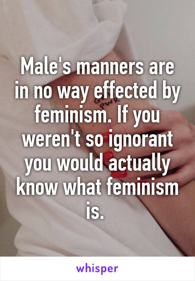 Male's manners are in no way effected by feminism. If you weren't so ignorant you would actually know what feminism is. 