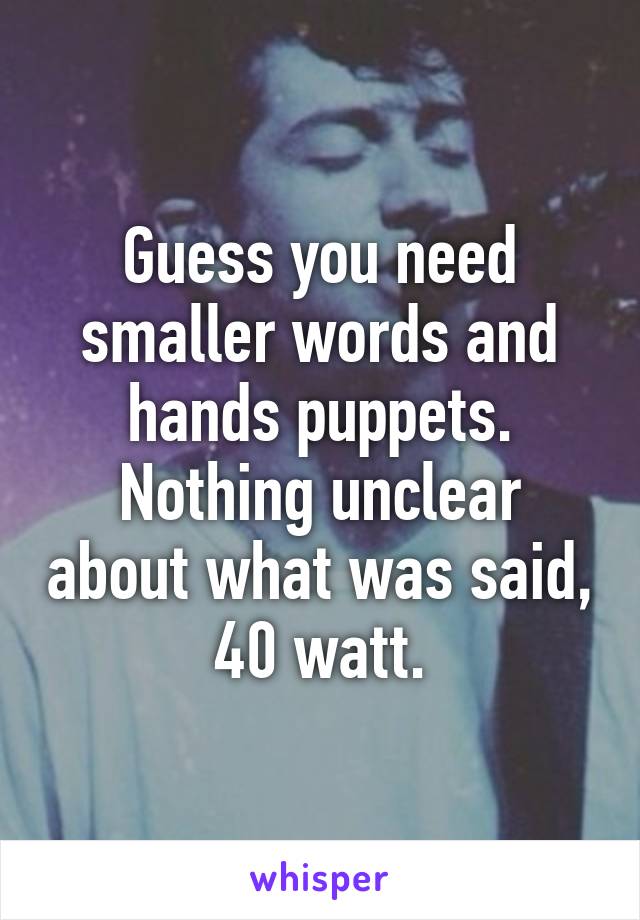 Guess you need smaller words and hands puppets. Nothing unclear about what was said, 40 watt.