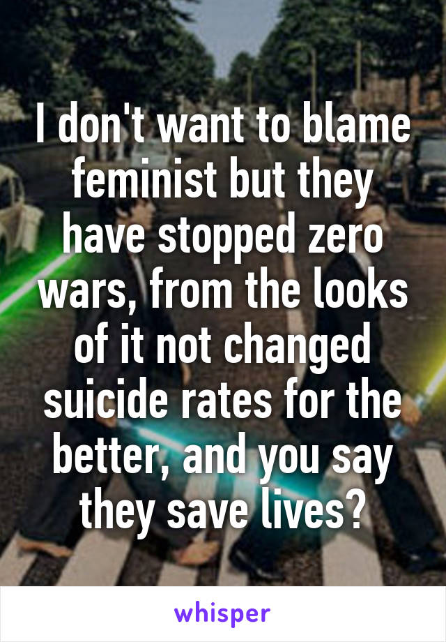 I don't want to blame feminist but they have stopped zero wars, from the looks of it not changed suicide rates for the better, and you say they save lives?