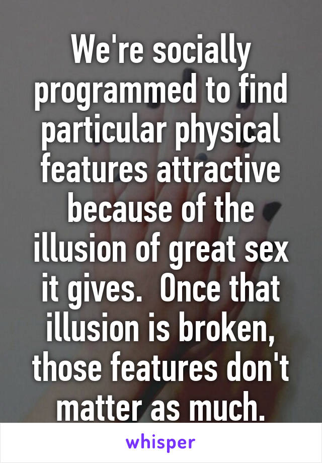 We're socially programmed to find particular physical features attractive because of the illusion of great sex it gives.  Once that illusion is broken, those features don't matter as much.