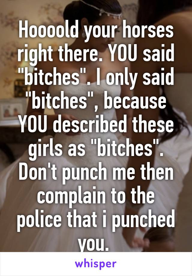 Hoooold your horses right there. YOU said "bitches". I only said "bitches", because YOU described these girls as "bitches". Don't punch me then complain to the police that i punched you. 