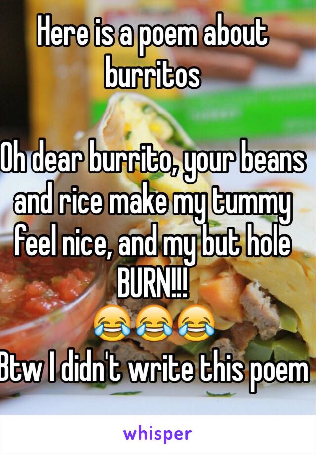 Here is a poem about burritos 

Oh dear burrito, your beans and rice make my tummy feel nice, and my but hole BURN!!!
😂😂😂
Btw I didn't write this poem 