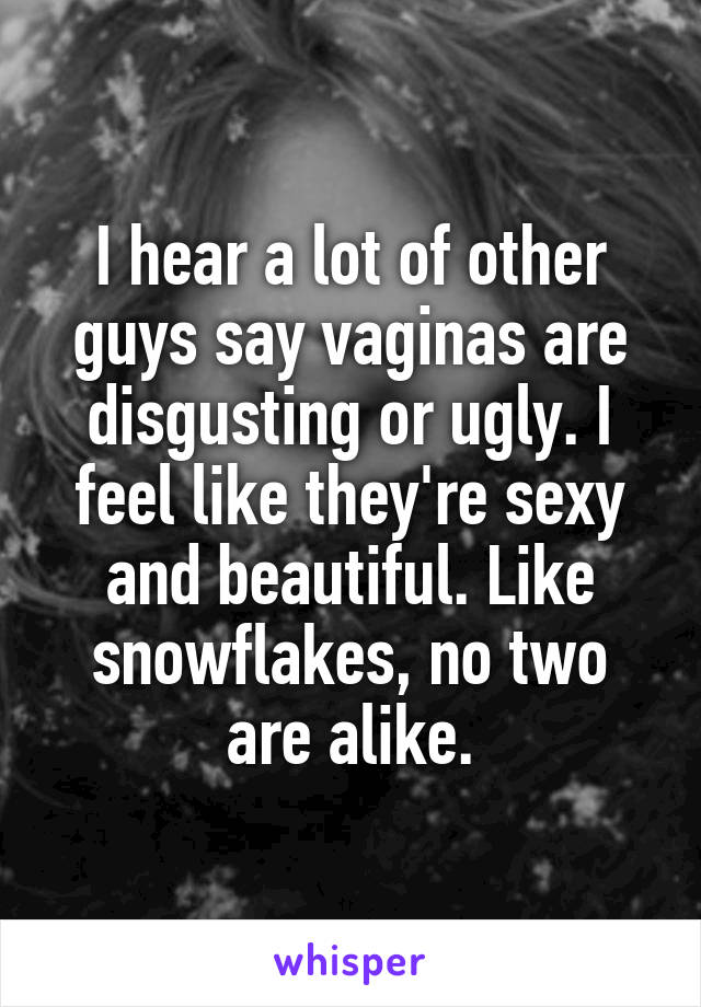 I hear a lot of other guys say vaginas are disgusting or ugly. I feel like they're sexy and beautiful. Like snowflakes, no two are alike.