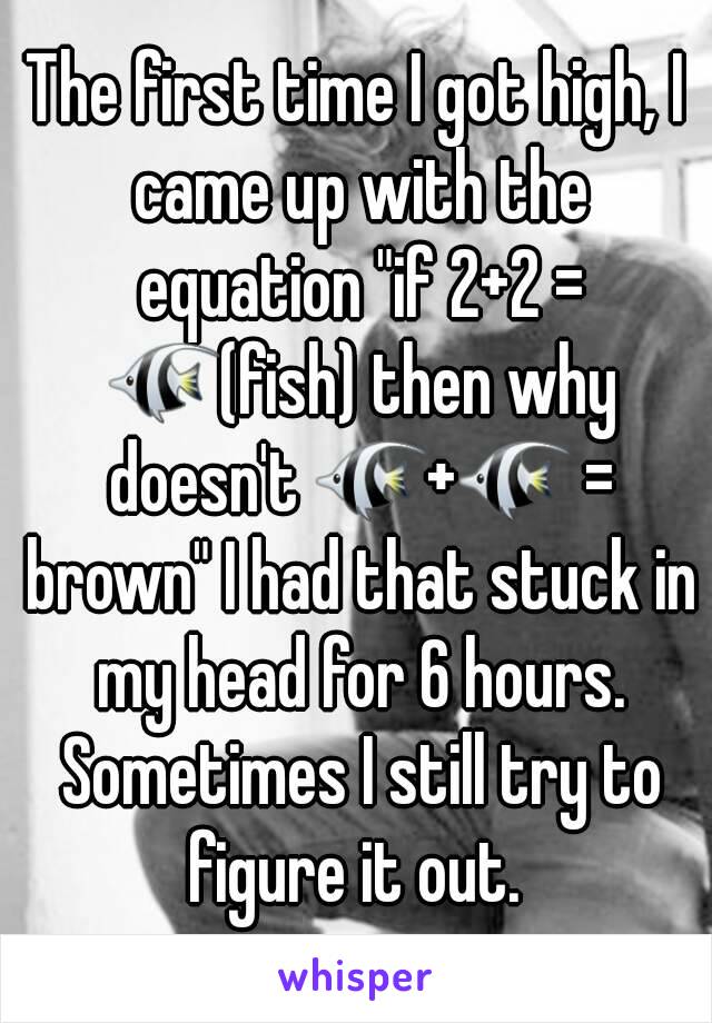 The first time I got high, I came up with the equation "if 2+2 = 🐠(fish) then why doesn't 🐠+🐠 = brown" I had that stuck in my head for 6 hours. Sometimes I still try to figure it out. 