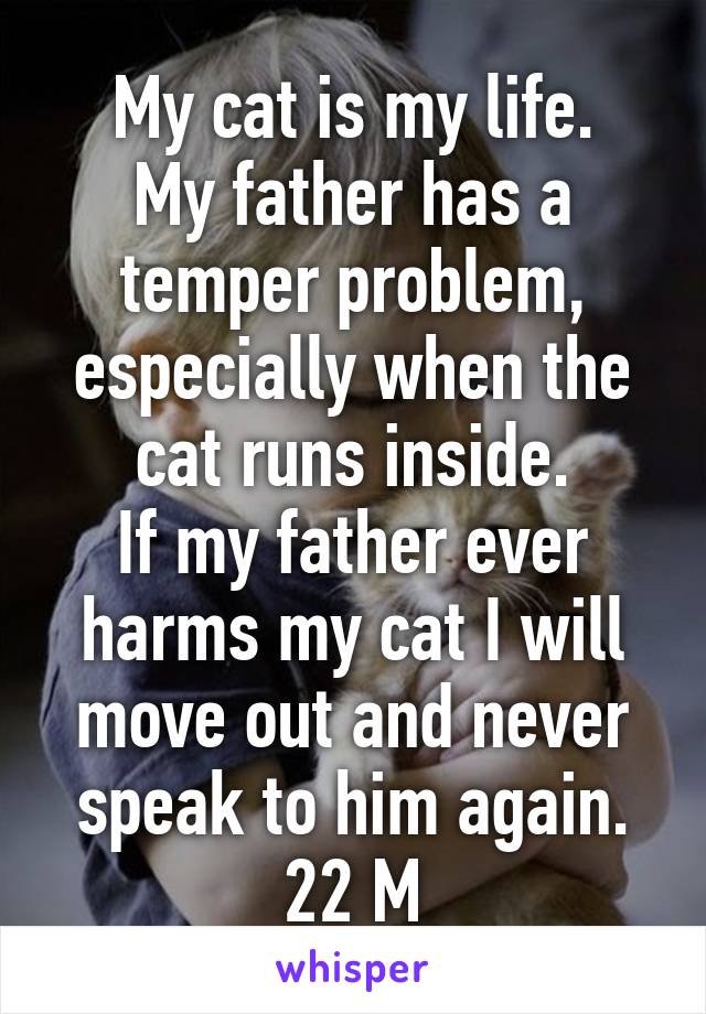 My cat is my life.
My father has a temper problem, especially when the cat runs inside.
If my father ever harms my cat I will move out and never speak to him again.
22 M