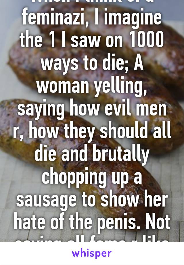 When I think of a feminazi, I imagine the 1 I saw on 1000 ways to die; A woman yelling, saying how evil men r, how they should all die and brutally chopping up a sausage to show her hate of the penis. Not saying all fems r like this but some r.