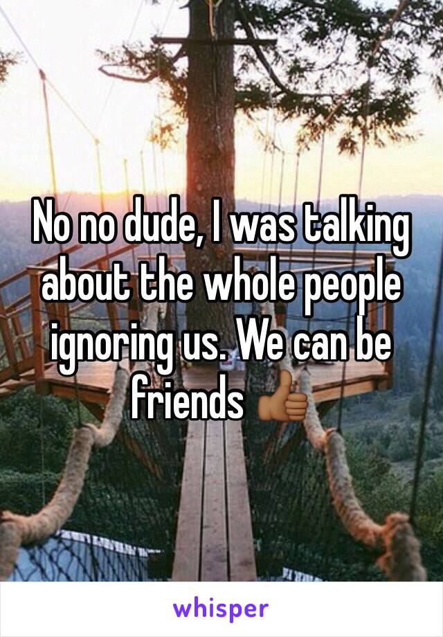 No no dude, I was talking about the whole people ignoring us. We can be friends 👍🏾