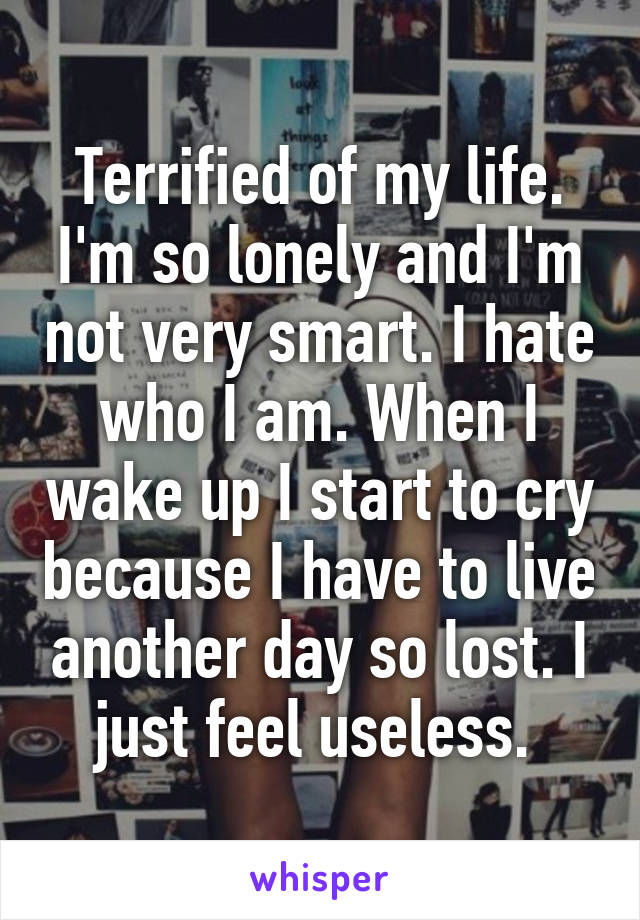 Terrified of my life. I'm so lonely and I'm not very smart. I hate who I am. When I wake up I start to cry because I have to live another day so lost. I just feel useless. 