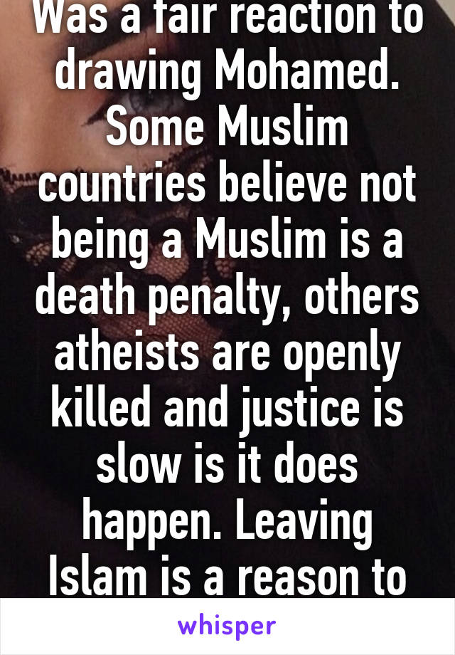 Was a fair reaction to drawing Mohamed. Some Muslim countries believe not being a Muslim is a death penalty, others atheists are openly killed and justice is slow is it does happen. Leaving Islam is a reason to be stoned in some 