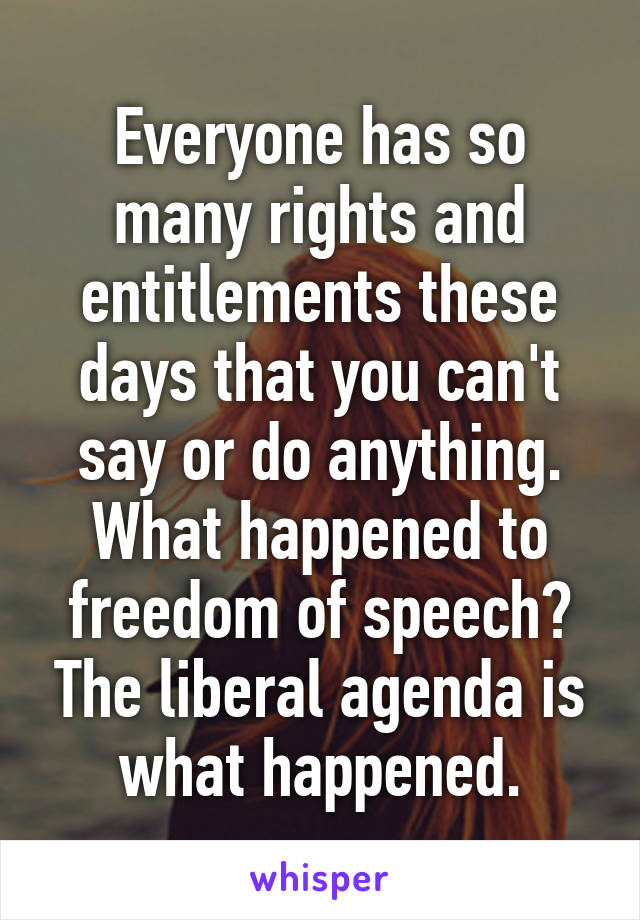 Everyone has so many rights and entitlements these days that you can't say or do anything. What happened to freedom of speech? The liberal agenda is what happened.