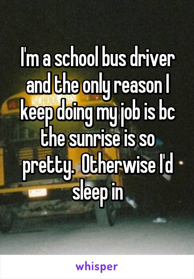 I'm a school bus driver and the only reason I keep doing my job is bc the sunrise is so pretty.  Otherwise I'd sleep in
