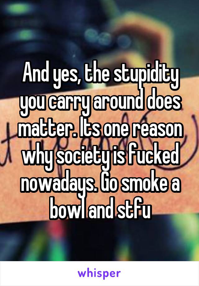 And yes, the stupidity you carry around does matter. Its one reason why society is fucked nowadays. Go smoke a bowl and stfu