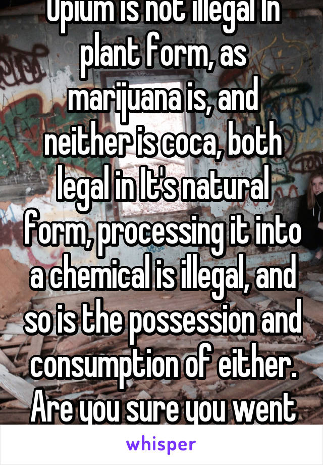 Opium is not illegal In plant form, as marijuana is, and neither is coca, both legal in It's natural form, processing it into a chemical is illegal, and so is the possession and consumption of either. Are you sure you went to school