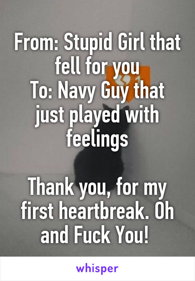 From: Stupid Girl that fell for you
To: Navy Guy that just played with feelings

Thank you, for my first heartbreak. Oh and Fuck You! 