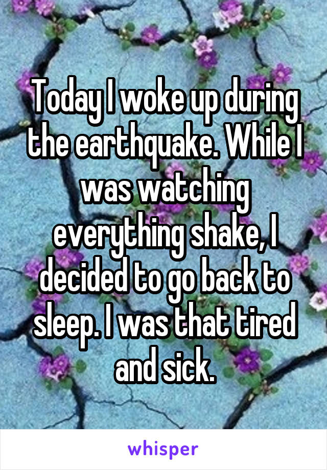 Today I woke up during the earthquake. While I was watching everything shake, I decided to go back to sleep. I was that tired and sick.